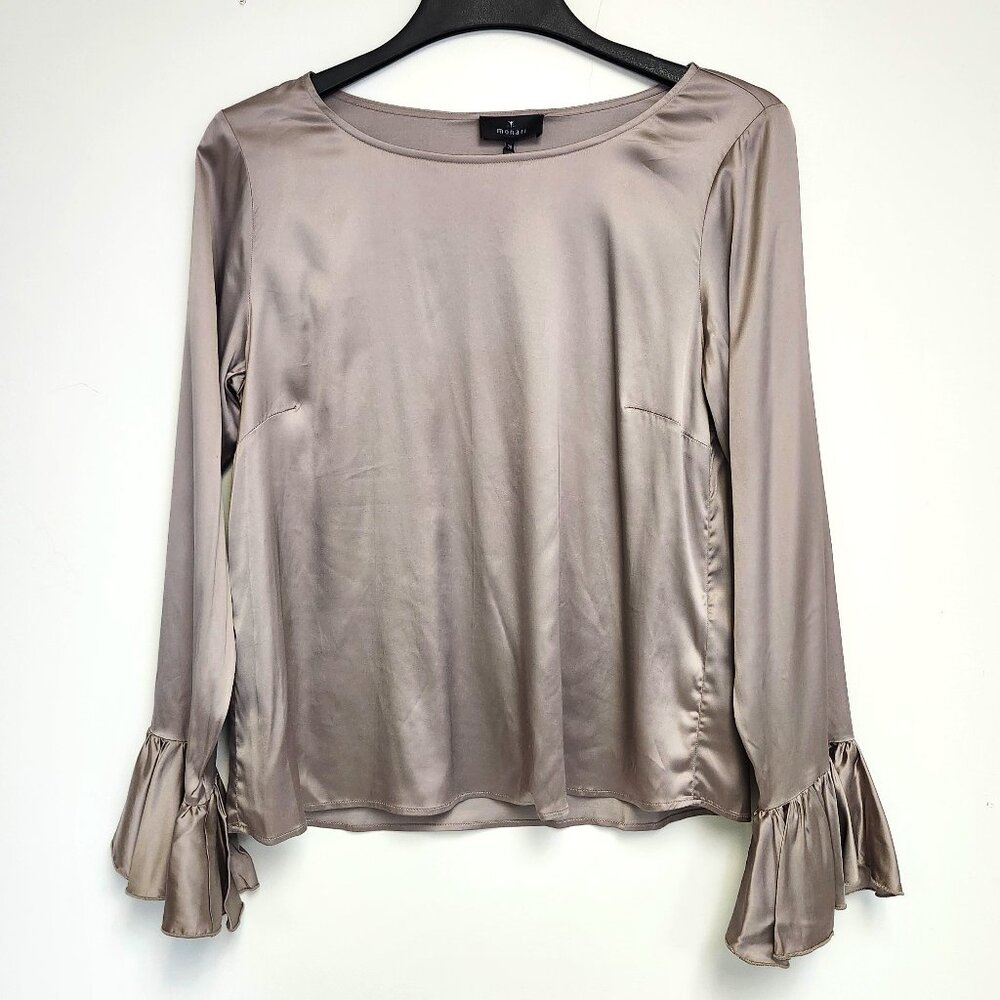 Monari Women's Silver Taupe Satin Blouse W/Ruffled Cuffs Size 4, 6, 8 & 10